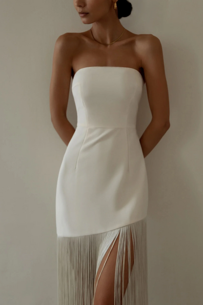 Strapless Side Slit Fringe Trim Bandeau Mini Dress