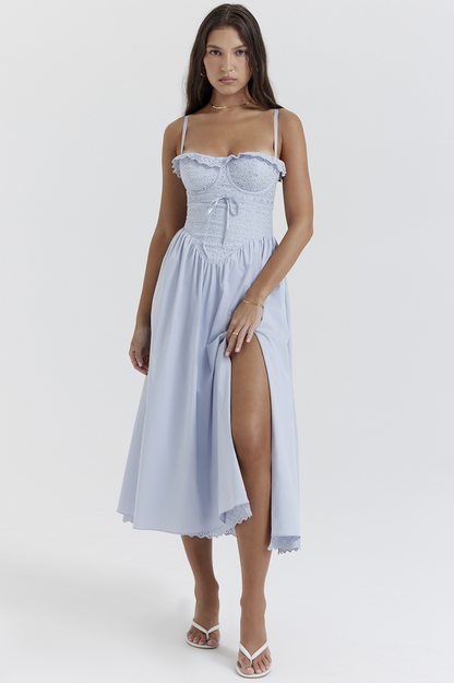 Broderie Anglaise Bustier Basque Waist Spaghetti Strap Scalloped Hem Slit Midi Dress