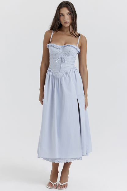 Broderie Anglaise Corset Bodice Tie Front Basque Waist High Slit Midi Dress