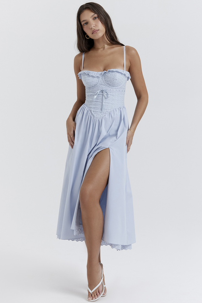 Broderie Anglaise Corset Bodice Tie Front Basque Waist High Slit Midi Dress