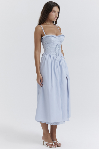 Broderie Anglaise Bustier Basque Waist Spaghetti Strap Scalloped Hem Slit Midi Dress
