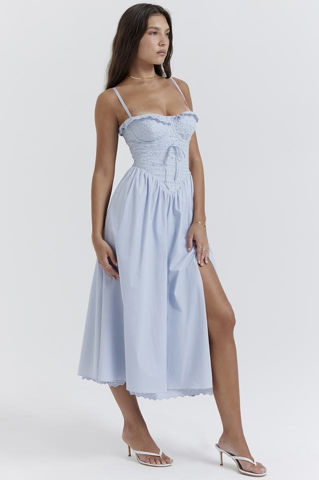 Broderie Anglaise Corset Bodice Tie Front Basque Waist High Slit Midi Dress