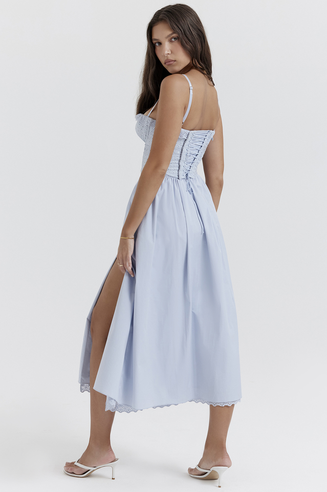 Broderie Anglaise Corset Bodice Tie Front Basque Waist High Slit Midi Dress