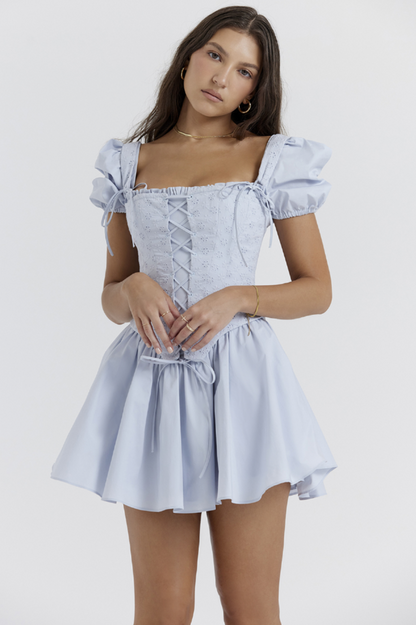 Lace Up Eyelet Corset Puff Sleeve Basque Waist Mini Dress