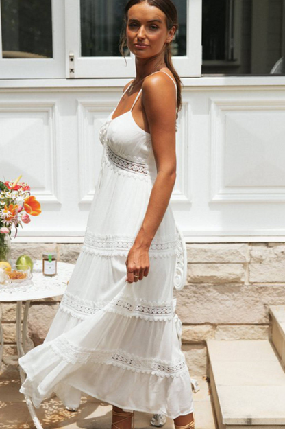 Spaghetti Strap Lace Inset Tiered Ruffle Hem Maxi Dress