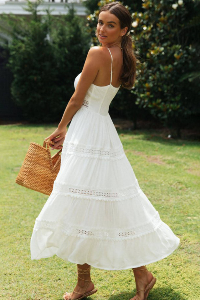 Spaghetti Strap Lace Inset Tiered Ruffle Hem Maxi Dress