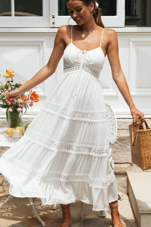Spaghetti Strap Lace Inset Tiered Ruffle Hem Maxi Dress