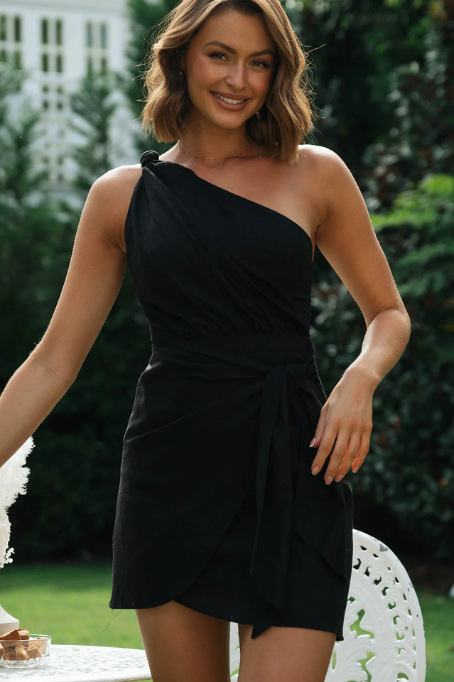 One Shoulder Pleated Ruched Tie Waist Wrap Mini Dress
