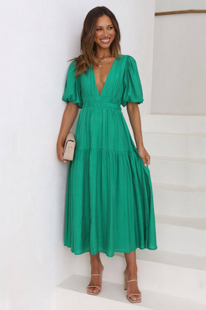 V Neck Puff Sleeve Smocked Empire Waist Tiered Midi Dress