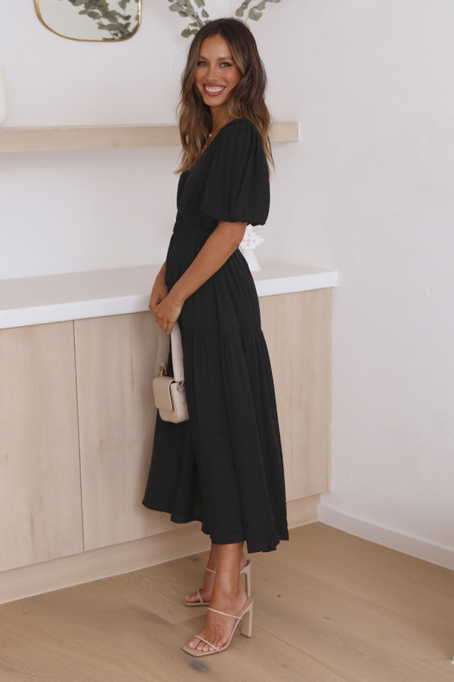 V Neck Puff Sleeve Smocked Empire Waist Tiered Midi Dress