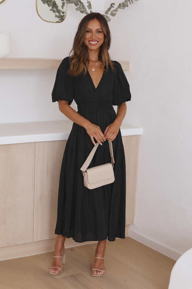 V Neck Puff Sleeve Smocked Empire Waist Tiered Midi Dress