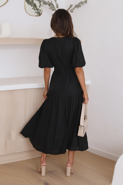 V Neck Puff Sleeve Smocked Empire Waist Tiered Midi Dress
