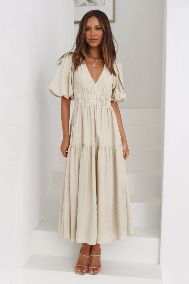 V Neck Puff Sleeve Smocked Empire Waist Tiered Midi Dress