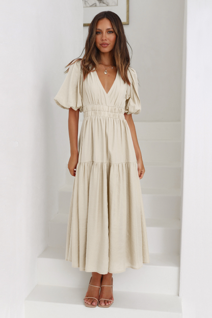 V Neck Puff Sleeve Smocked Empire Waist Tiered Midi Dress