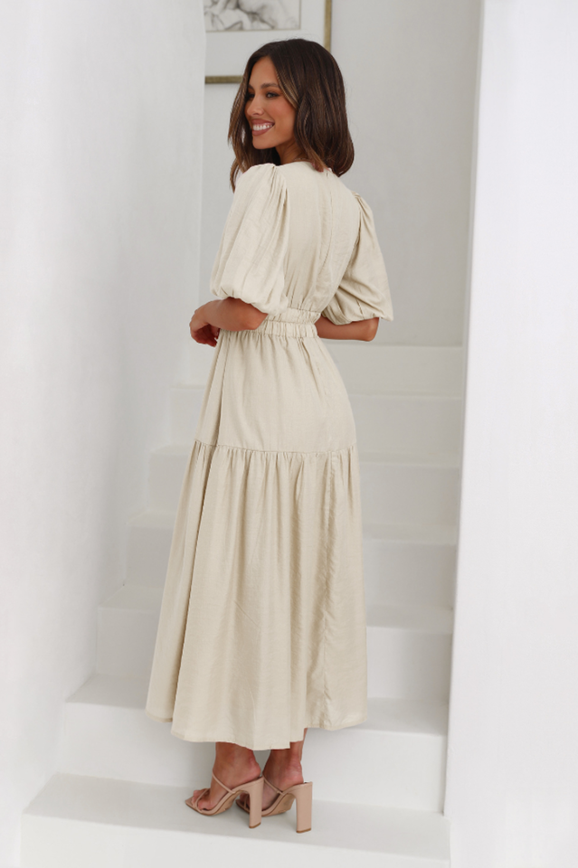 V Neck Puff Sleeve Smocked Empire Waist Tiered Midi Dress