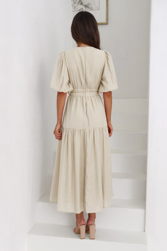 V Neck Puff Sleeve Smocked Empire Waist Tiered Midi Dress