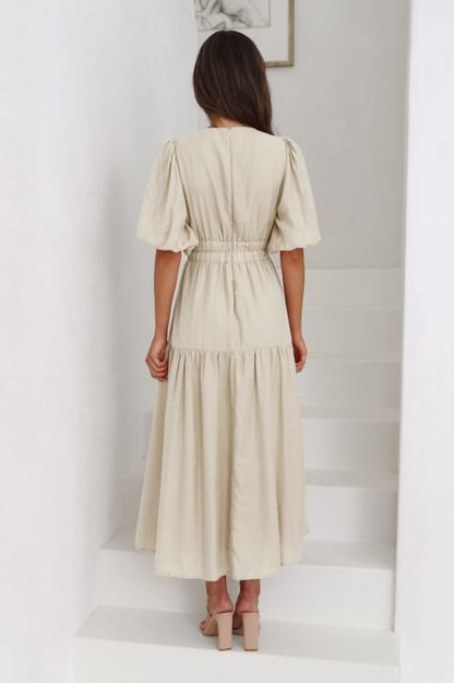 V Neck Puff Sleeve Smocked Empire Waist Tiered Midi Dress