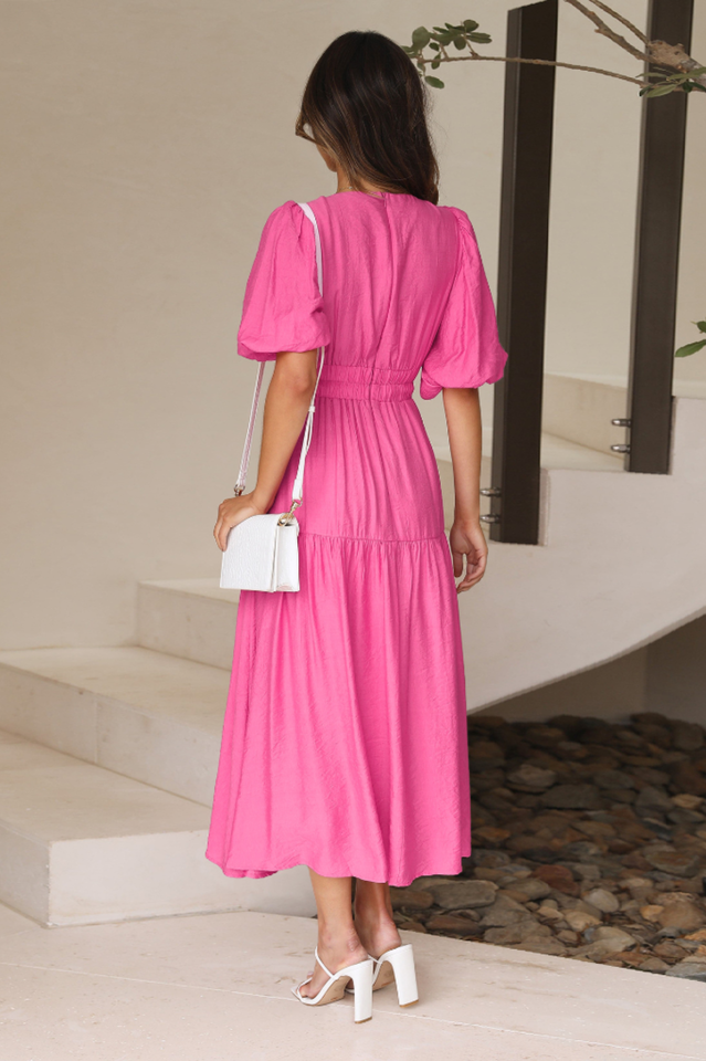V Neck Puff Sleeve Smocked Empire Waist Tiered Midi Dress