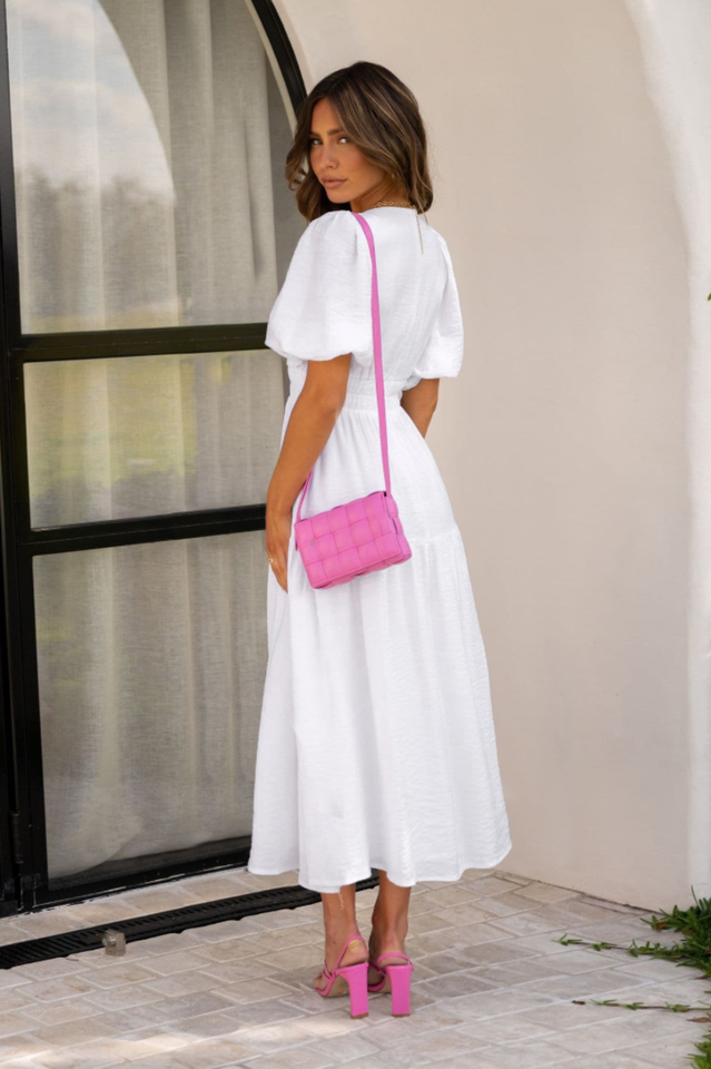V Neck Puff Sleeve Smocked Empire Waist Tiered Midi Dress