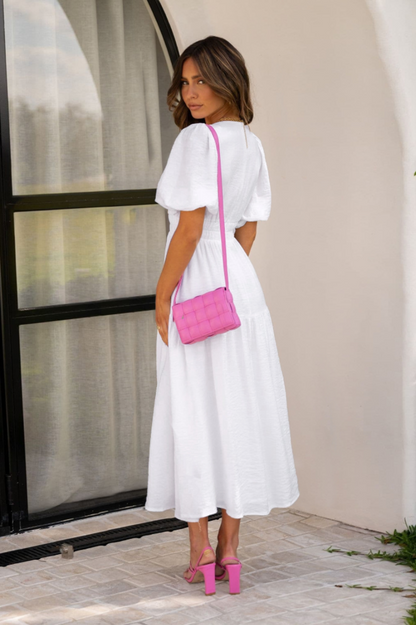 V Neck Puff Sleeve Smocked Empire Waist Tiered Midi Dress