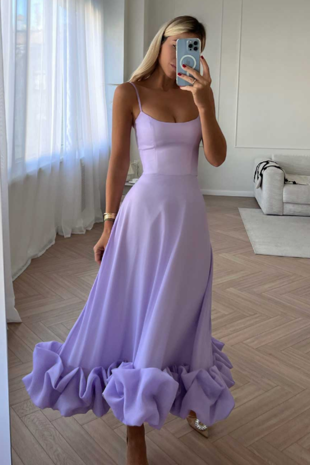 Corset Bustier Scoop Neck Spaghetti Strap Flounce Hem Midi Dress