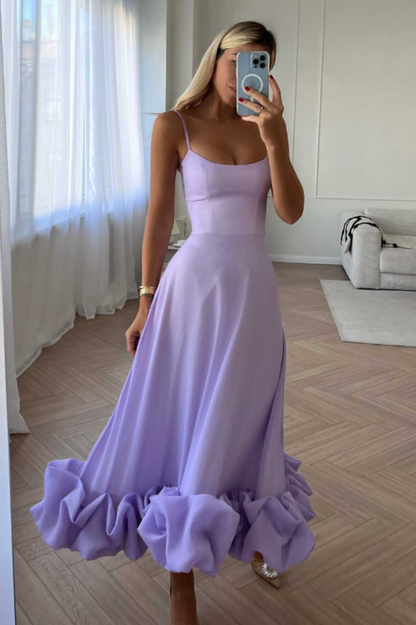 Corset Bustier Scoop Neck Spaghetti Strap Flounce Hem Midi Dress