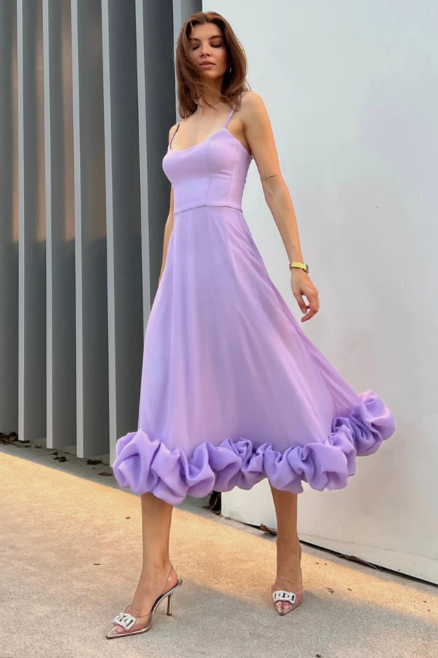 Corset Bustier Scoop Neck Spaghetti Strap Flounce Hem Midi Dress