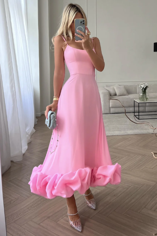 Corset Bustier Scoop Neck Spaghetti Strap Flounce Hem Midi Dress