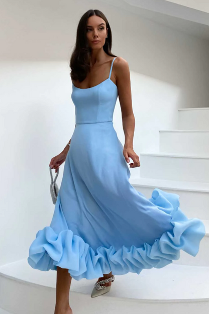 Corset Bustier Scoop Neck Spaghetti Strap Flounce Hem Midi Dress