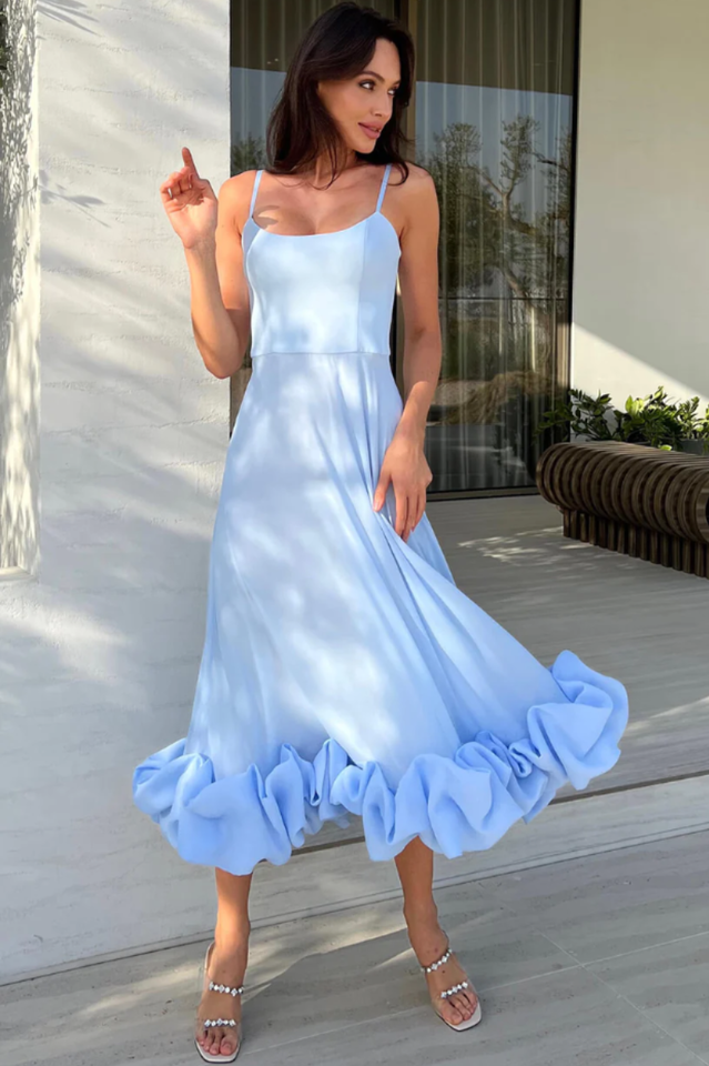 Corset Bustier Scoop Neck Spaghetti Strap Flounce Hem Midi Dress