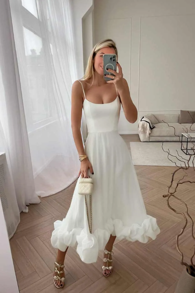 Corset Bustier Scoop Neck Spaghetti Strap Flounce Hem Midi Dress
