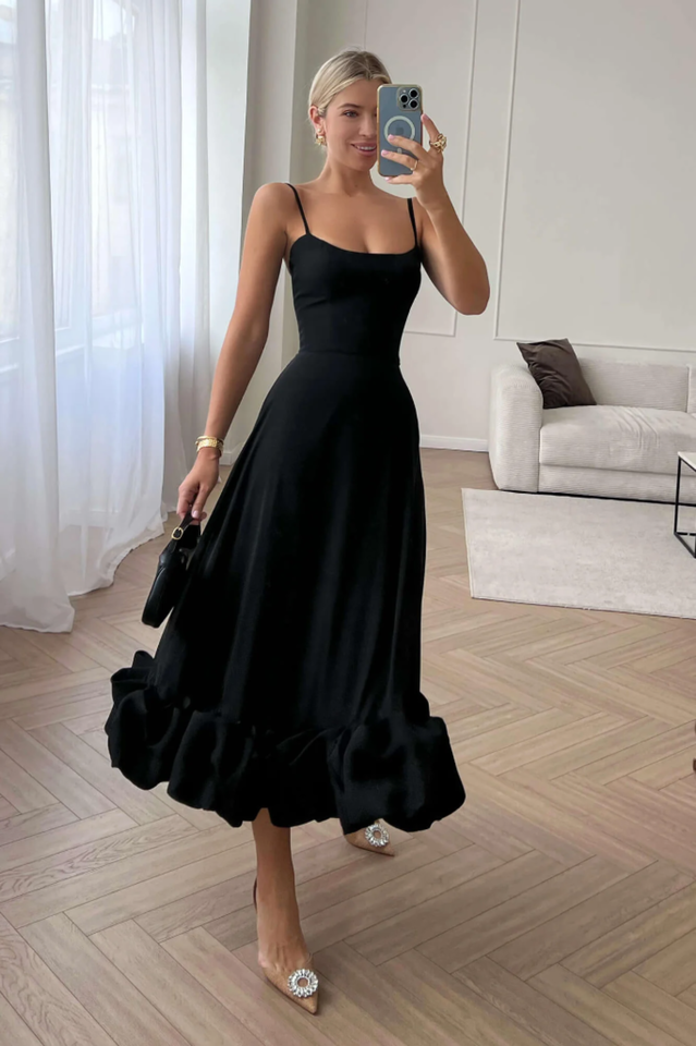 Corset Bustier Scoop Neck Spaghetti Strap Flounce Hem Midi Dress
