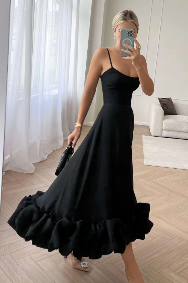 Corset Bustier Scoop Neck Spaghetti Strap Flounce Hem Midi Dress