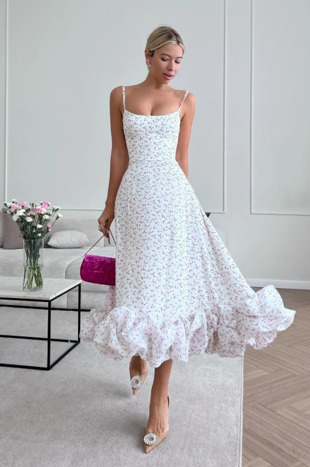 Corset Bustier Scoop Neck Spaghetti Strap Flounce Hem Midi Dress