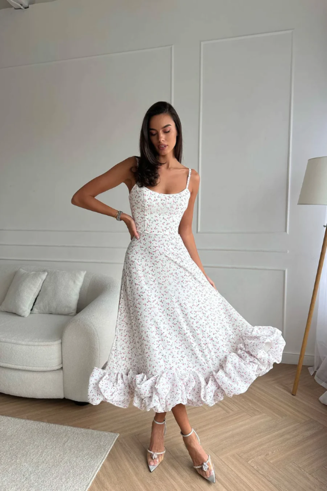 Corset Bustier Scoop Neck Spaghetti Strap Flounce Hem Midi Dress