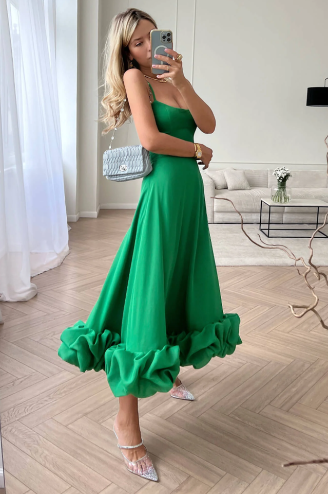 Corset Bustier Scoop Neck Spaghetti Strap Flounce Hem Midi Dress
