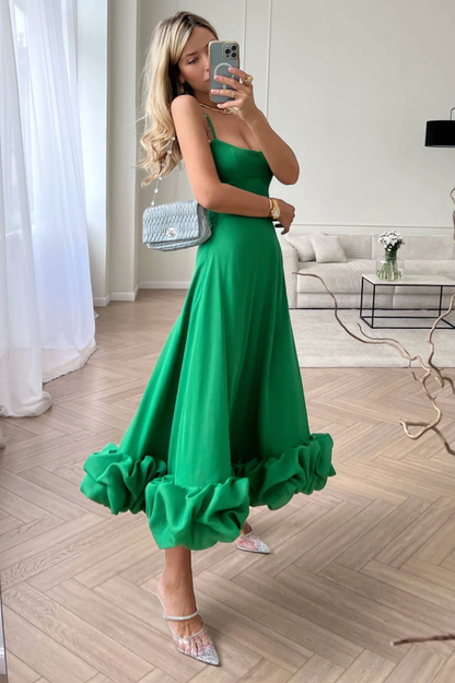 Corset Bustier Scoop Neck Spaghetti Strap Flounce Hem Midi Dress