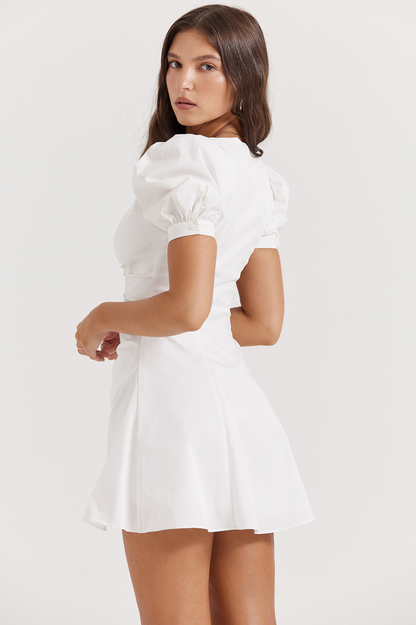Scoop Neck Puff Sleeve Ruched Button Front Mini Dress