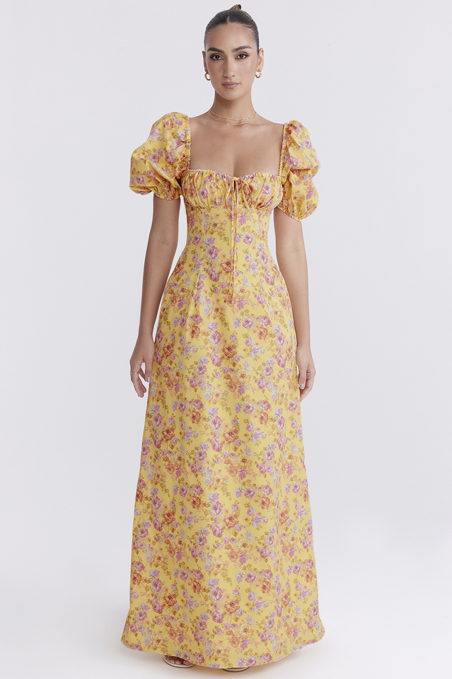 Floral Print Puff Sleeve Square Neck Tie Front Maxi Dress