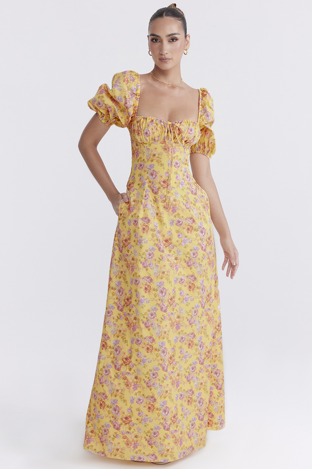 Floral Print Puff Sleeve Square Neck Tie Front Maxi Dress