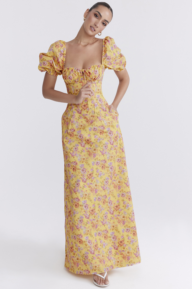 Floral Print Puff Sleeve Square Neck Tie Front Maxi Dress