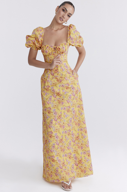 Floral Print Puff Sleeve Square Neck Tie Front Maxi Dress