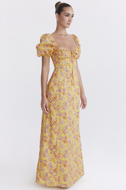Floral Print Puff Sleeve Square Neck Tie Front Maxi Dress
