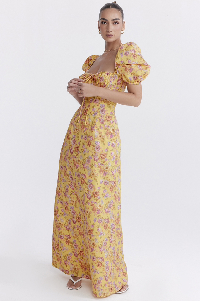 Floral Print Puff Sleeve Square Neck Tie Front Maxi Dress