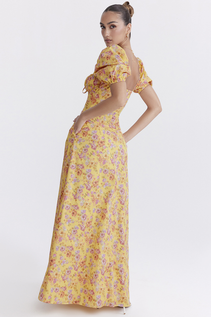 Floral Print Puff Sleeve Square Neck Tie Front Maxi Dress