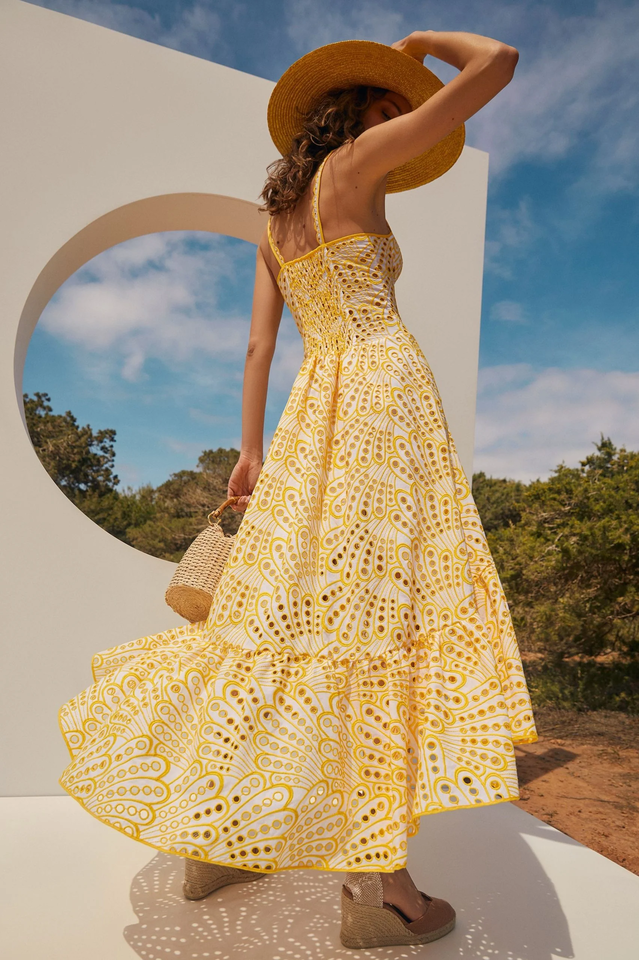 Eyelet Embroidery Spaghetti Strap Smocked Tiered Ruffle Hem Maxi Dress