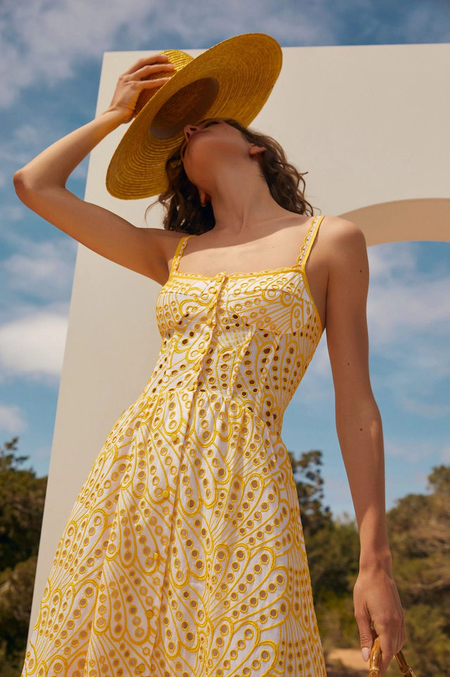 Eyelet Embroidery Spaghetti Strap Smocked Tiered Ruffle Hem Maxi Dress