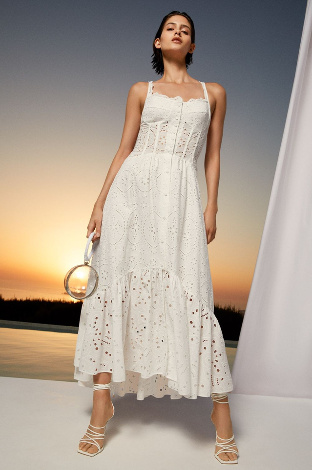 Eyelet Embroidery Spaghetti Strap Smocked Tiered Ruffle Hem Maxi Dress