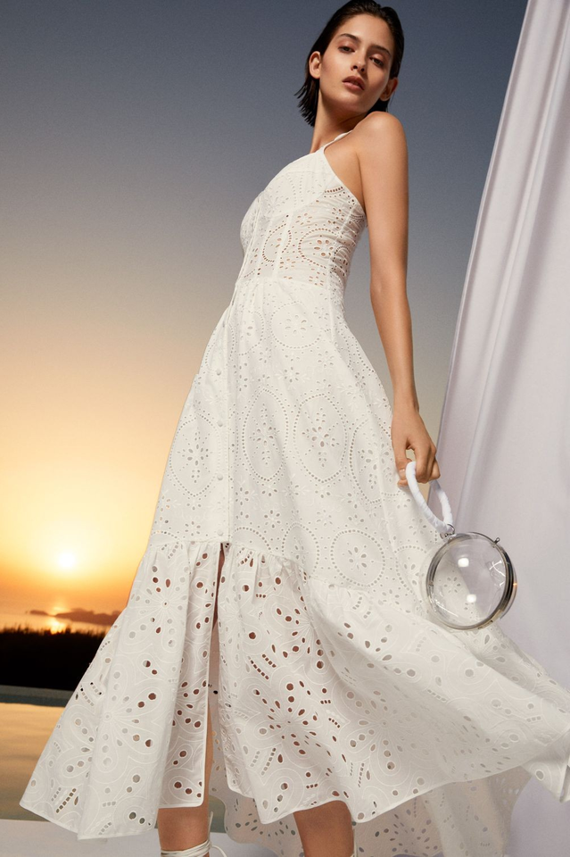 Eyelet Embroidery Spaghetti Strap Smocked Tiered Ruffle Hem Maxi Dress