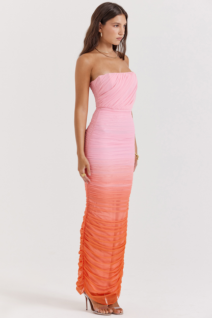 Strapless Ruched Mesh Ombre Gradient Pleated Bodice Maxi Dress